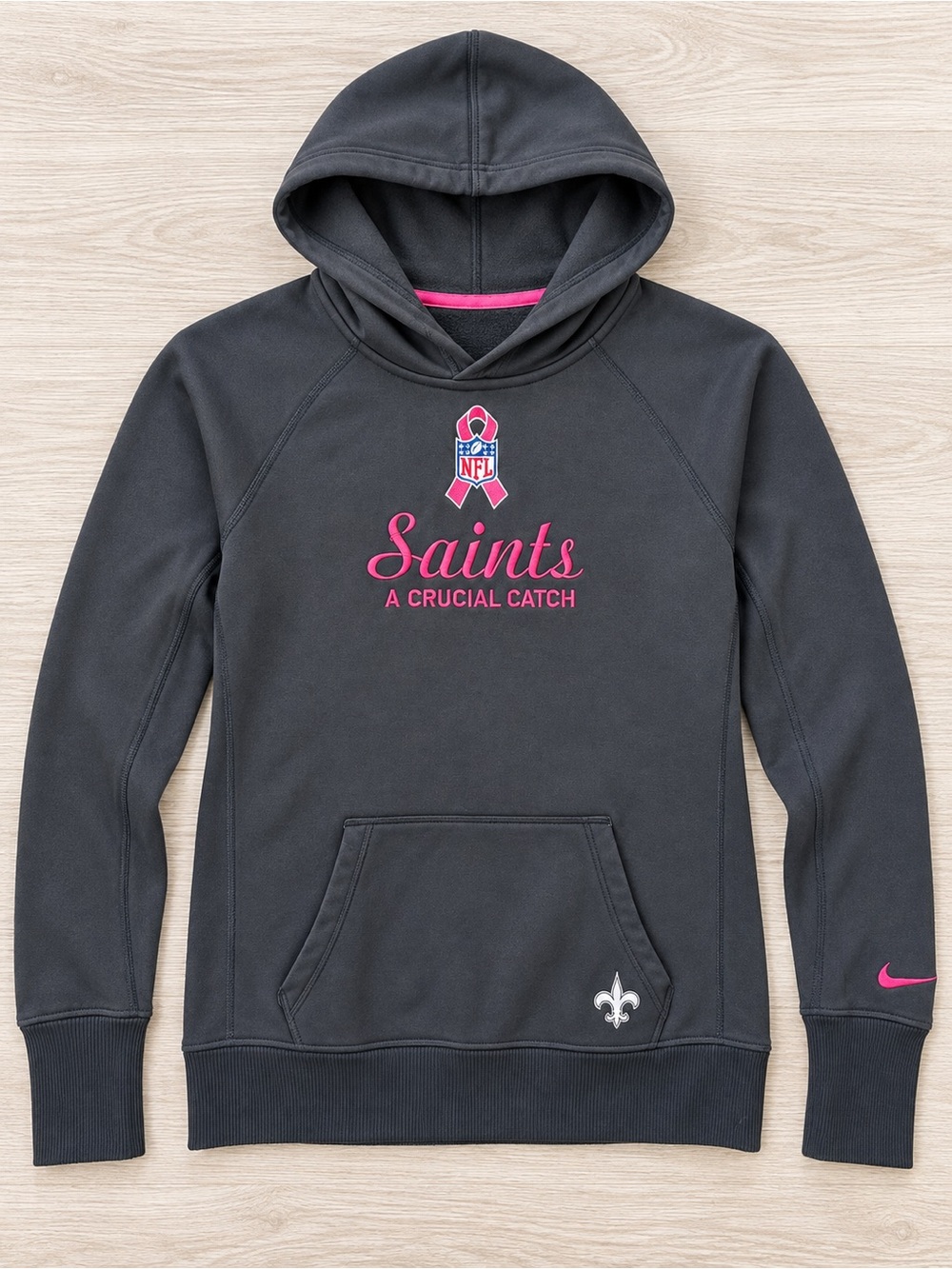 Nike New Orleans Saints Crucial Catch Dark Grey Hoodie Pink Ribbon Small